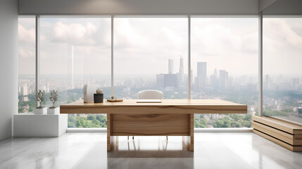 product mockup presenting a stylish office workspace with a city skyline view from a glass-walled office, creating a professional and innovative backdrop for the product