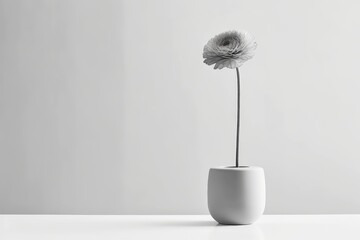 A monochromatic photograph of a single flower in a minimalist vase against a plain background. Generative AI