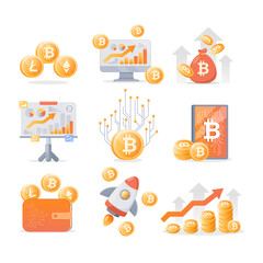 Cryptocurrency charts and income vector illustrations set. Collection of cartoon drawings of gold coins with crypto symbols, financial growth, money bag. Cryptocurrency, finances, business concept