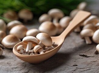 White mushrooms in wooden spoon with parsley, dill, tomatoes cherry and fresh sliced champignon on table for cooking homemade delicious dishes. Created, Generative, AI, technology.