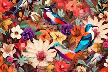 Exquisite oriental pattern featuring birds and flowers, Generative Ai