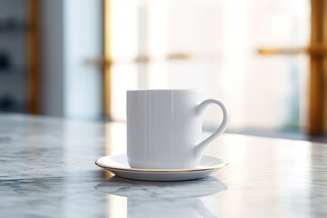 A clean and simple composition of a white coffee mug placed on a marble countertop. Generative AI