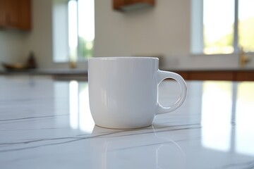 A clean and simple composition of a white coffee mug placed on a marble countertop. Generative AI
