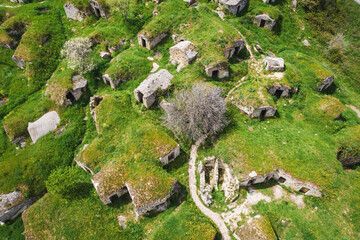 Pietragalla aerial view of Palmenti structures for the wine production, the old rustic filled houses in Pietragalla, Potenza, Basilicata, Italy.