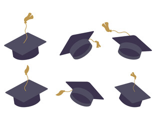 Set of graduation square hat. Education cap collection. Graduation cap isolated on the background