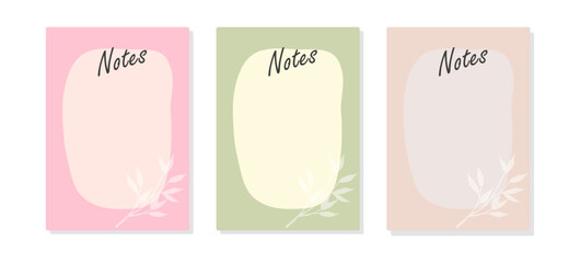 Set of trendy minimal planner in pastel colors with a vase of leaves in a hand-drawn texture style. For menu, to-do list. Template in pastel colors
