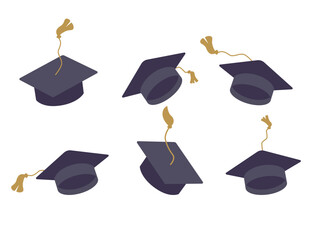 Set of graduation square hat. Education cap collection. Graduation cap isolated on the background