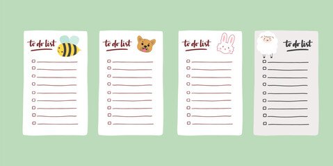 Set of to do list template decorated by cute animals . Cute design of schedule, daily planner or checklist. Perfect for planning, notes and self-organization