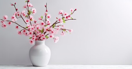 flowering pink cherry branch in vase on white background. Created with Generative AI technology