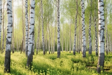 Naklejka premium Young slim thin birch trees in the spring in the forest. Generative AI