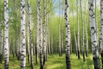 Young slim thin birch trees in the spring in the forest. Generative AI