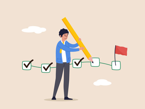 Task completion concept. Project tracking, goal tracker, checklist to remind project progress, businessman project manager holding big pencil to check completed tasks in project management timeline.