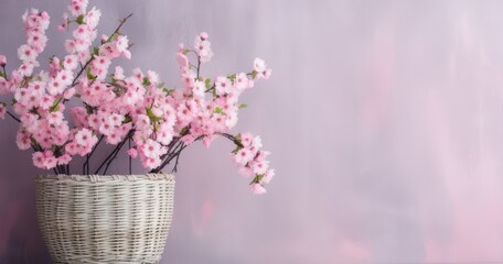 Fototapeta premium flowering pink cherry branch in vase on white background. Created with Generative AI technology