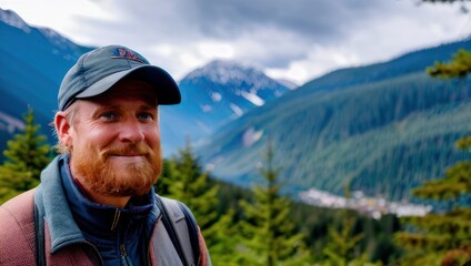 Naklejka premium Portrait of bearded man tourist in cap stands against the backdrop of mountains and trees. Generative AI