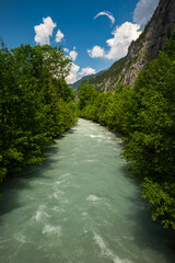 Alpine river flowing through green Valley in the Ebenalp, Appenzell region of Switzerland. Sunny summer day, wide-angle view, no people