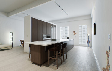 Fototapeta na wymiar Kitchen minimalism. Wooden kitchen with large long island and bar stools. Kitchen with marble top and wooden bottom. 3d render