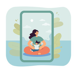 Mother and kid doing yoga online vector illustration. Woman holding excited daughter, meditating on smartphone screen. Mobile app for relaxation, family, comfort concept