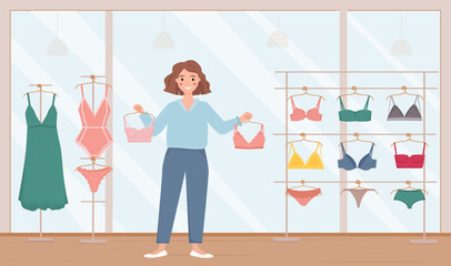 Sallewoman, shop assistant in lingerie store. Seller holds in her hands and showes woman bra. Iinterior of underwear store. Vector illustration.