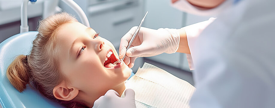 A female dentist examines a child's teeth in a dental office. Generative AI.
