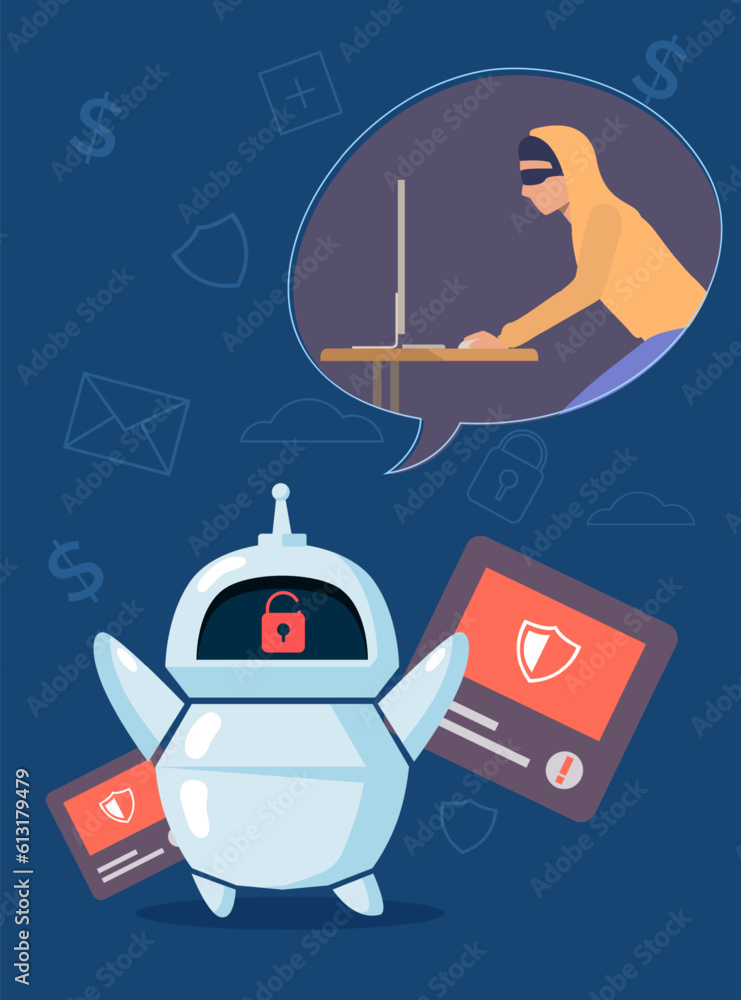 Aufkleber hacker breaking into system of robot vector illustration. cartoon drawing of criminal hacking into m
