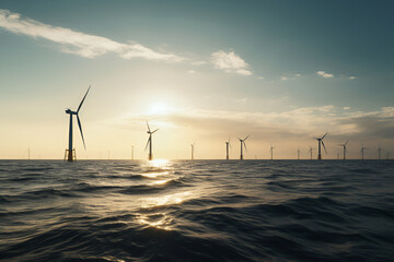 Wind turbines at sunset. Green ecological power energy generation