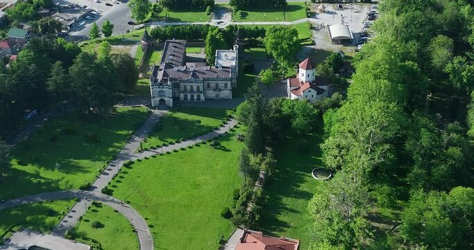 Aerial view of Dadiani Palace in the center of Zugdidi city. Georgia