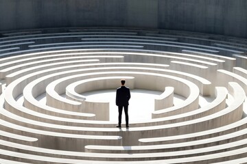 A businessman navigating through a labyrinth made of cement, Generative Ai
