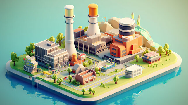 A 3D, 32-bit isometric anime-style representation of a nuclear power plant, combining unique aesthetics and technical elements.