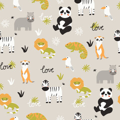Vector seamless pattern with meerkat, panda, lizard, zebra, monkey, rhinoceros, chameleon.Tropical jungle cartoon creatures.Cute natural pattern for fabric, childrens clothing,textiles,wrapping paper