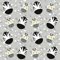 Vector seamless pattern with zebra, giraffe.Tropical jungle cartoon creatures.Pastel animals background.Cute natural pattern for fabric, childrens clothing,textiles,wrapping paper