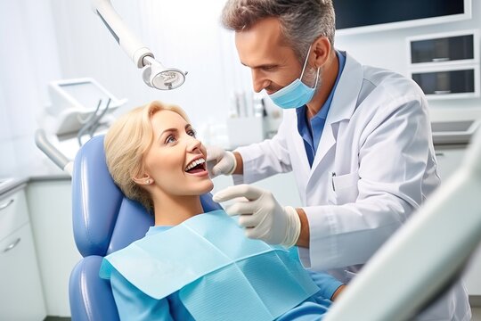 A male dentist treats a woman's teeth in a dental chair. Generative AI.