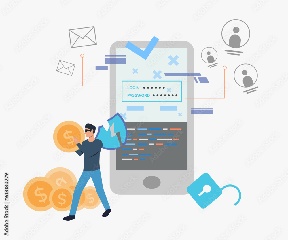 Aufkleber hacker stealing money from smartphone vector illustration. phone screen with login and password to a