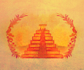 Mayan Pyramid, Chichen-Itza, Mexico - grunge abstract illustration - 613180219
