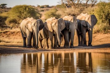 African Elephant Family Drinking Water, generative ai