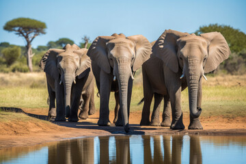 African Elephant Family Drinking Water, generative ai