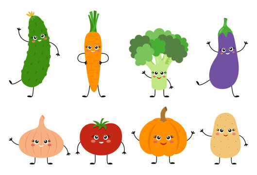 Cute vegetables set with smiling faces. Fresh and healthy food symbol. Funny broccoli, tomato, carrot, onion, potato, pumpkin, eggplant and cucumber. Vector illustration on white background.