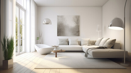 Modern living room design in white colors, generative ai
