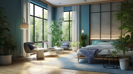 Fototapeta premium Tranquil oasis bedroom design, inspired by nature, generative ai