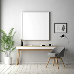Empty vertical frame mockup in modern minimalist office interior, generative ai