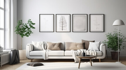 Fototapeta premium Blank picture frame mockup on white wall in living room, generative ai