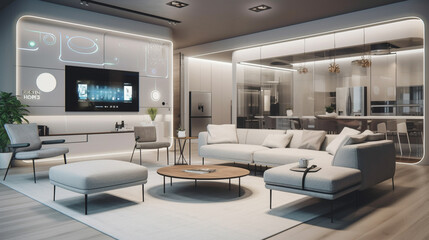 Fototapeta na wymiar Modern living room design in white colors, generative ai