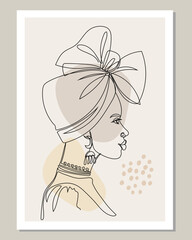 Portrait of a young African woman in head wraps, earrings and neck jewelry.  Boho style, pastel colors. Line art, continuous line. Side face of a woman. Template for wall art. Vector. 