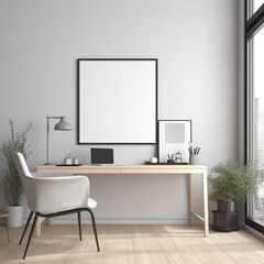 Fototapeta na wymiar Empty vertical frame mockup in modern minimalist office interior, generative ai