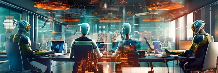 Arbeitsplatz mit Roboter und Mensch. Zukunftsvision. Generiert mit KI - obrazy, fototapety, plakaty