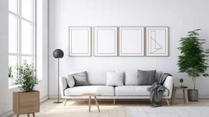Blank picture frame mockup on white wall in living room, generative ai