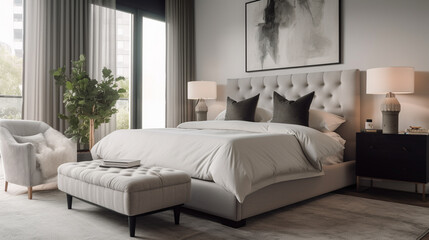 Modern bedroom design in light colors, generative ai