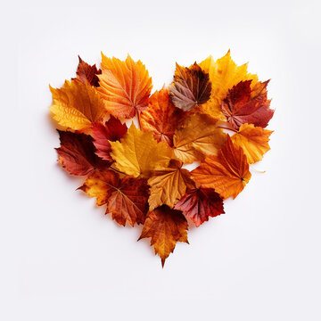 Colorful heart made of autumn leaves on White background. Symbol of fall season top view isolated. Nature concept