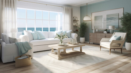 Fototapeta na wymiar Living room modern design with panoramic ocean view, generative ai