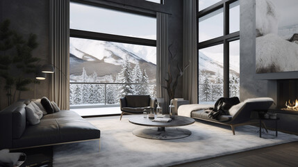Nature inspired winter mountains room design, generative ai