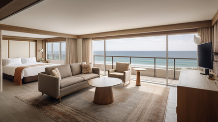 Living room modern design with panoramic ocean view, generative ai